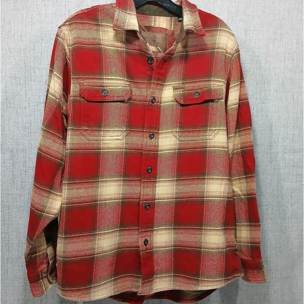Orvis Mens Medium Plaid Heavyweight Flannel Shacket Shirt Red Outdoor Chore Work